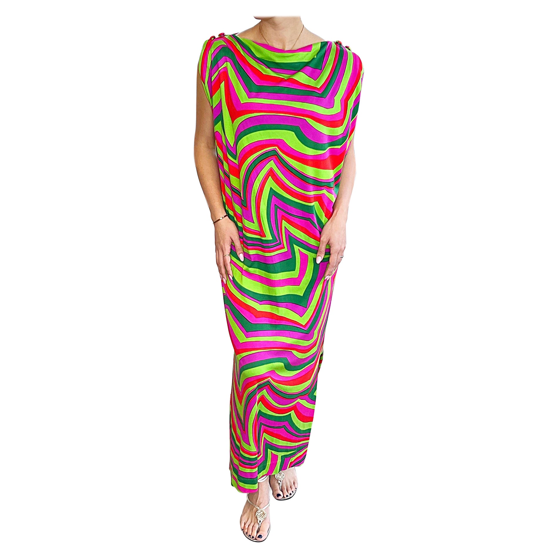 Amazing 1970s Pucci Style Colorful Pink Green Jersey Vintage Caftan Maxi Dress For Sale