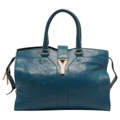 Yves Saint Laurent Teal Blue Leather Medium Cabas Chyc Tote