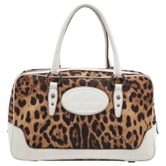 Dolce & Gabbana White/Brown Leopard Print Fabric and Leather Animalier Satchel
