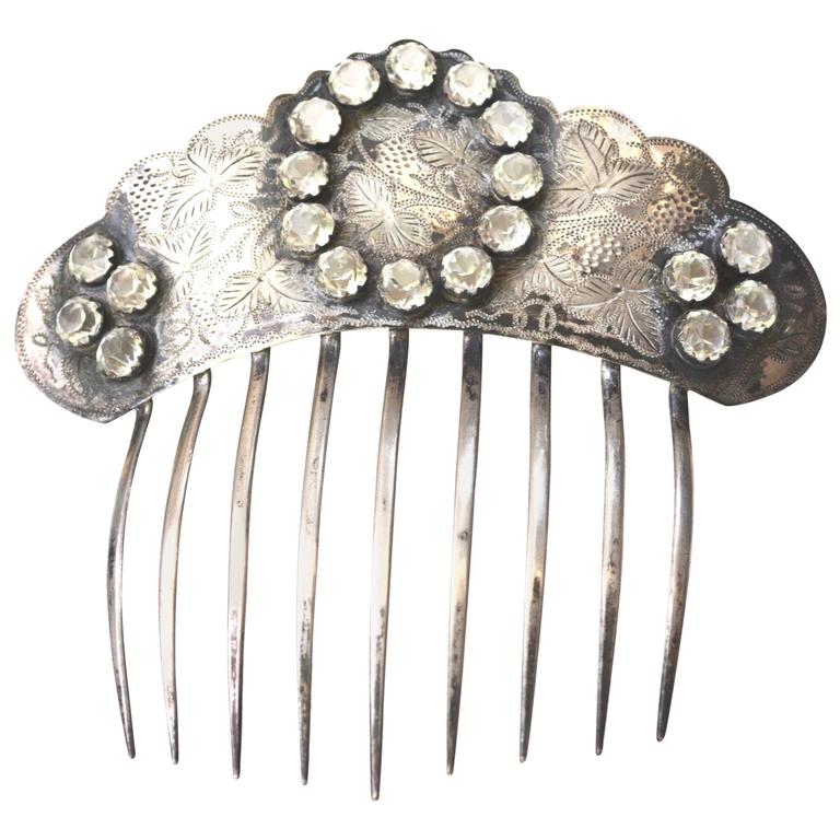 1800s Antique Silver Paste Stone Hair Comb For Sale at 1stDibs
