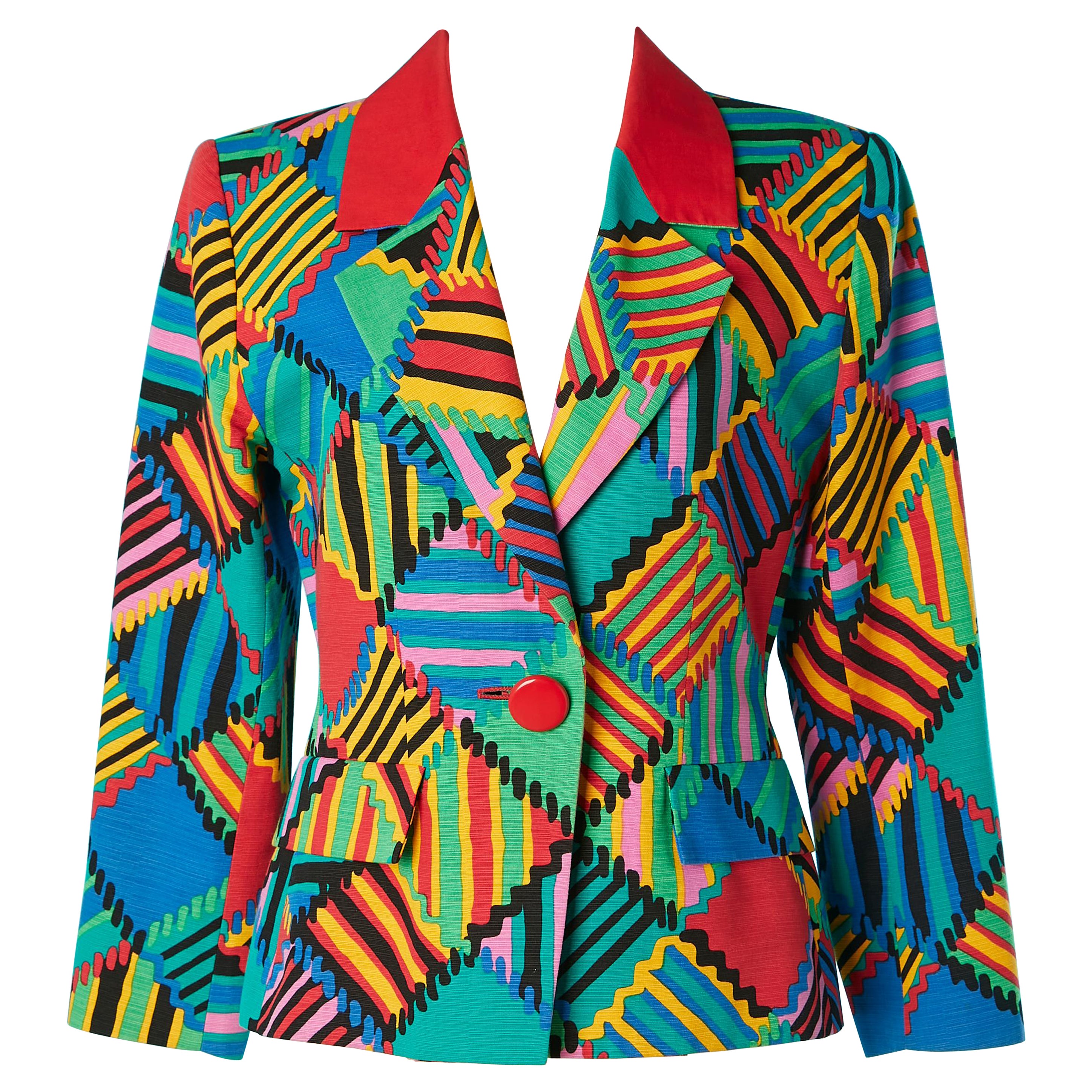 Multicolor single breasted jacket with red collar Yves Saint Laurent Variation  For Sale