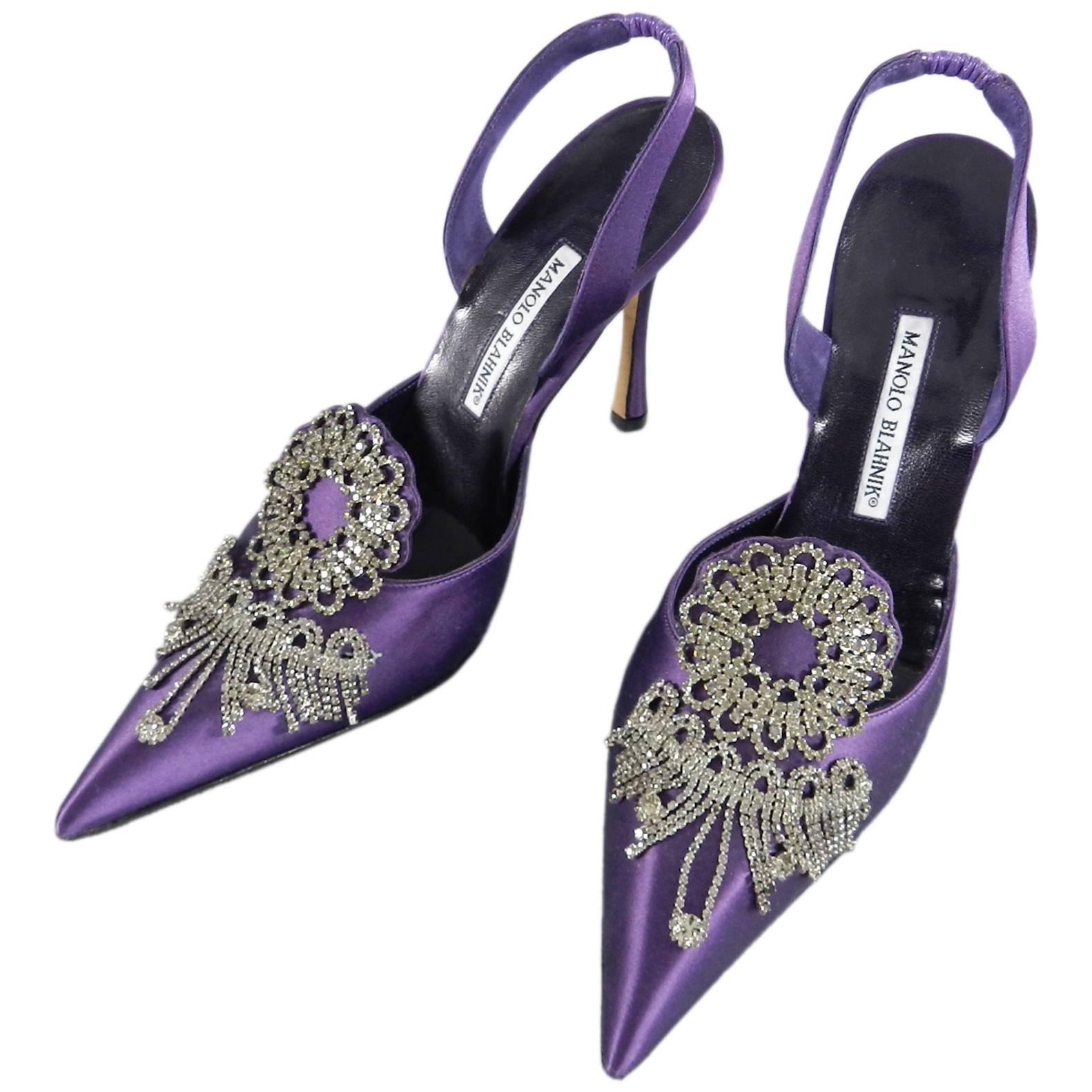 Manolo Blahnik Royal Purple Silk Satin and Rhinestone Shoes