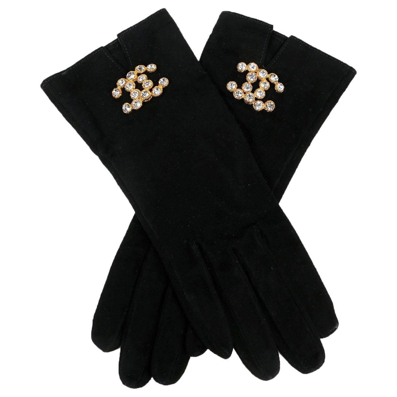 Chanel - Gants CC en daim noir avec cristaux  Très petit
