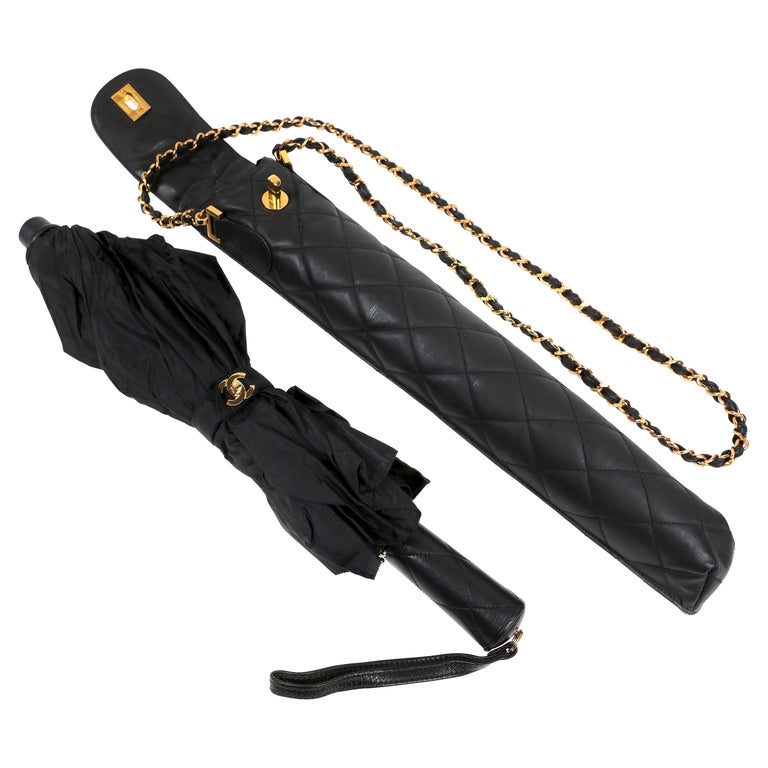 Chanel Umbrella Folding Black Nylon Lambskin Leather