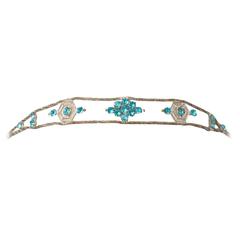 20s Flapper Headband Aqua Crystal Gold and Silver Lamé 