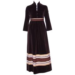 1970's A. J. Bari Chocolate Brown Velveteen Maxi Dress With Moire Trim
