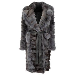 Used Burberry Blue Fox Fur Leather Mid-Length Coat Size M