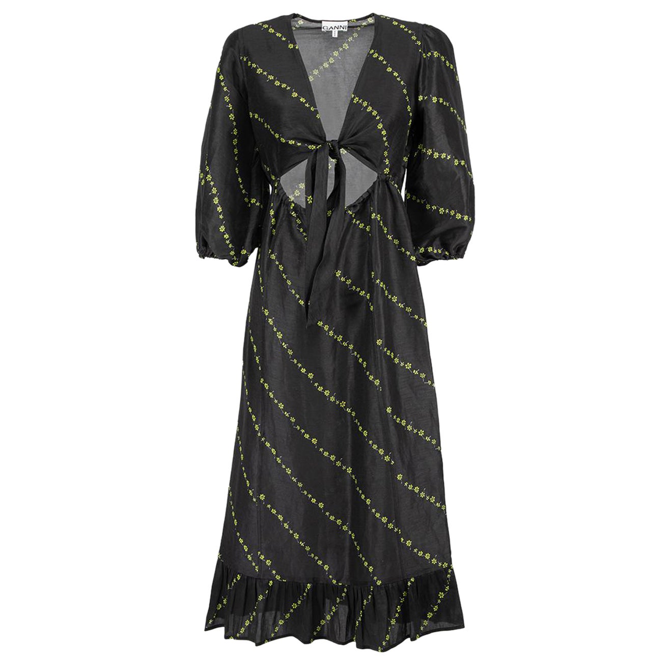 Ganni Black Floral Stripe Cut Out Midi Dress Size S