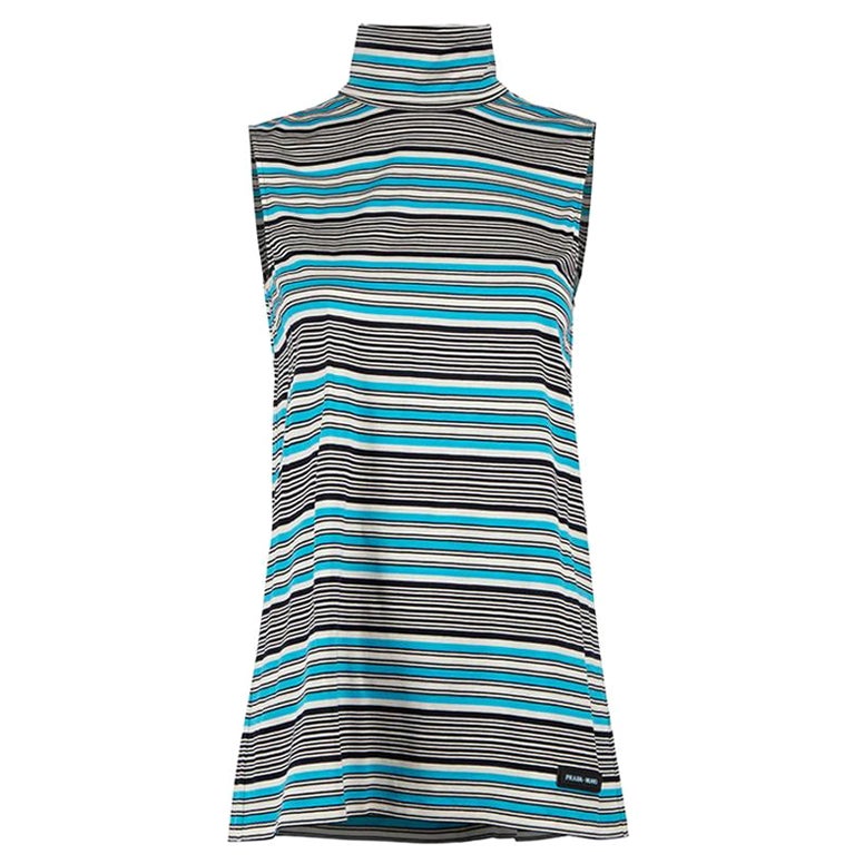 Prada Blue Striped Sleeveless Turtleneck Top Size S For Sale