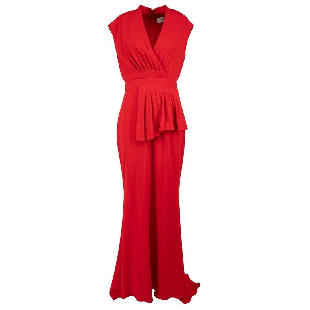 Badgley Mischka Red V-Neck Pleat Front Gown Size M For Sale