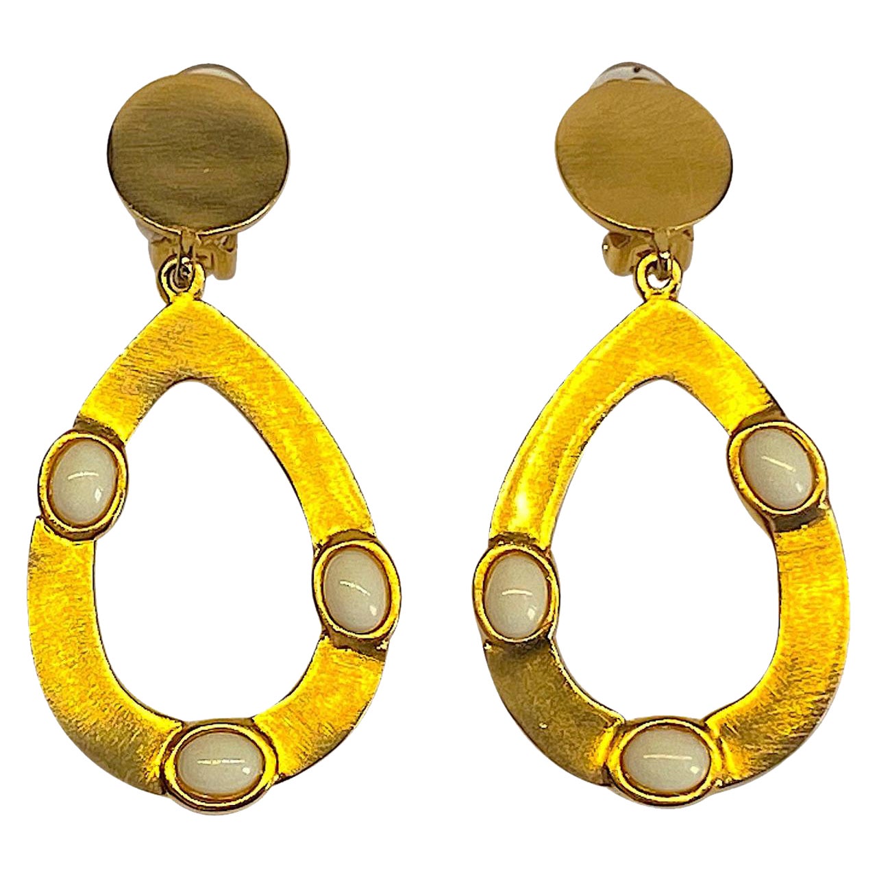 Kenneth Jay Lane 1980s Satin Gold Hoop Pendant earrings For Sale