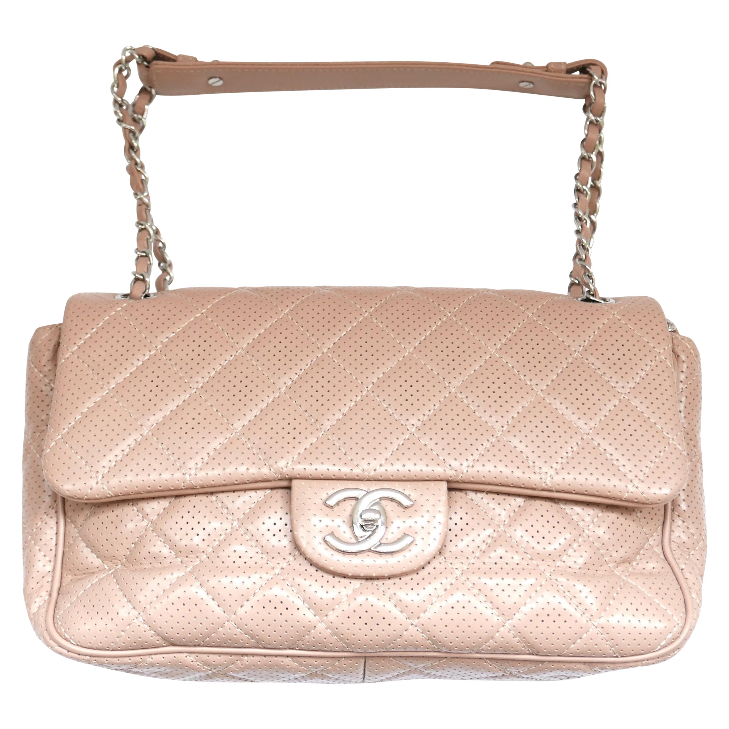 Chanel Beige Perforated Leather Classique Flap Bag For Sale