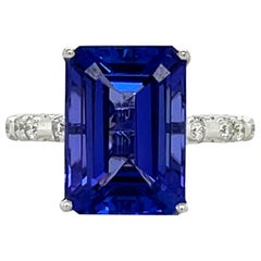 AAA Quality Emerald cut Tanzanite and Diamond 18K White Gold Ring
