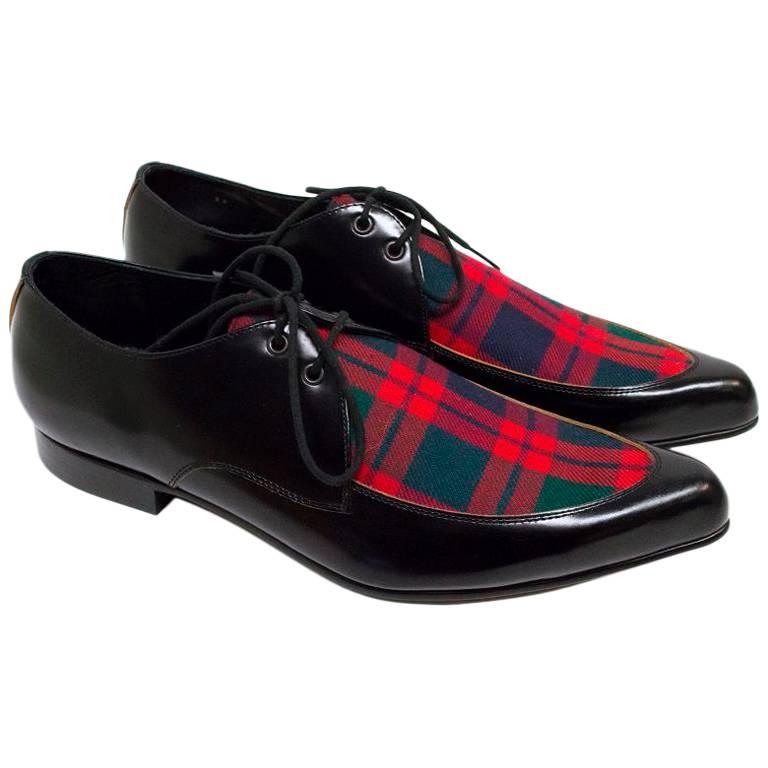 Comme des Garcons Black Leather Pointed Shoes with Red Tartan Detail on Front For Sale