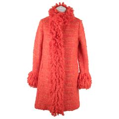 MISSONI Red Knit Wool Blend COAT Long Cardigan w/ SHAGGY Trim 1