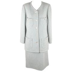 CHANEL BOUTIQUE Light Blue Tweed SKIRT SUIT Collarless Jacket & Skirt SIZE 44 10