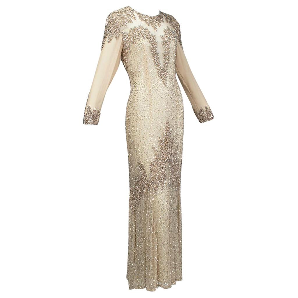 Oleg Cassini Nude Rose Gold Bead and Sequin Illusion Evening Gown - US 6, 1990s For Sale