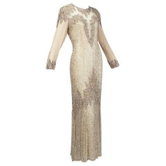Oleg Cassini Nude Rose Gold Bead and Sequin Illusion Evening Gown - US 6, 1990s