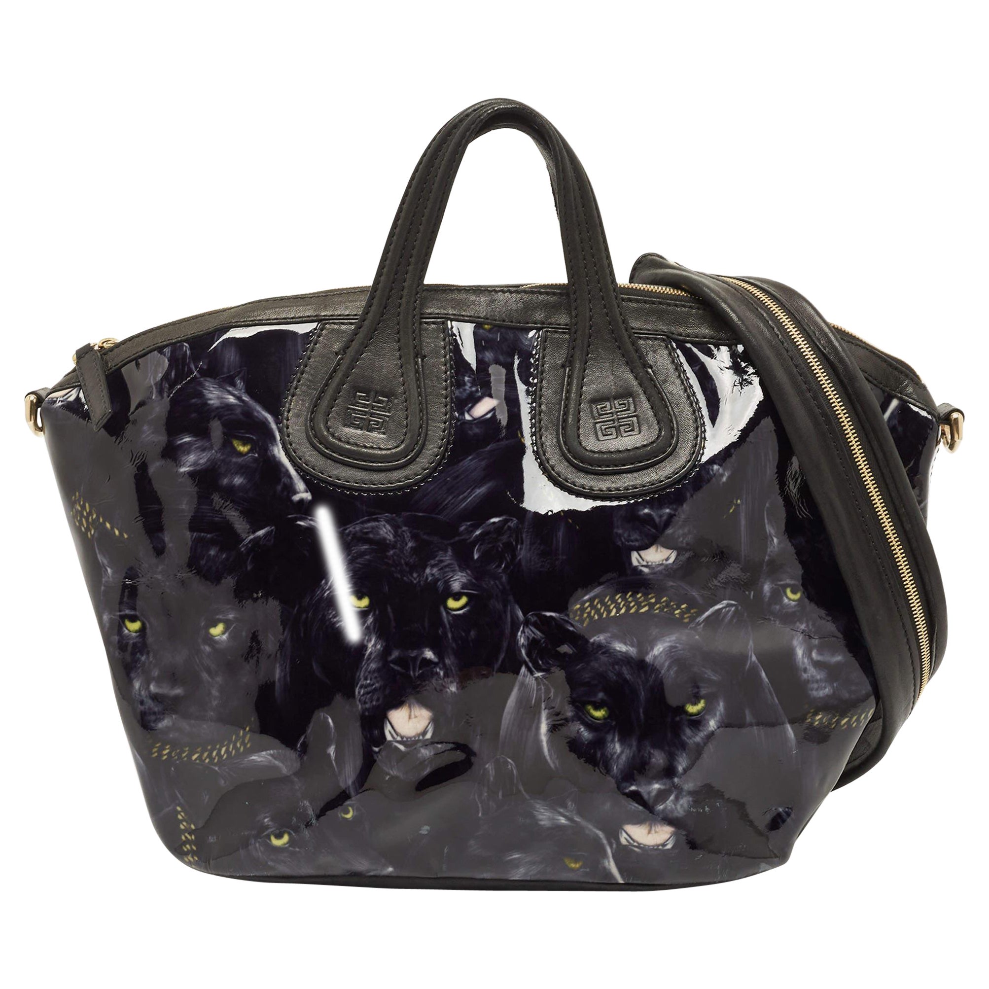 Givenchy Black/Dark Blue Panther Print Patent Leather Medium Nightingale Satchel