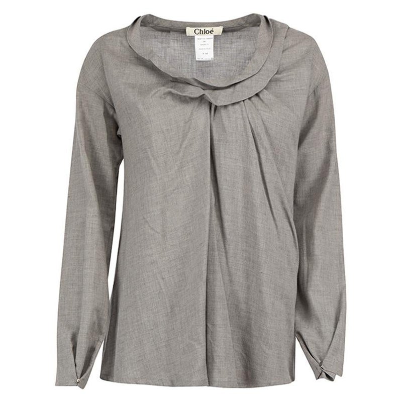 Chloé Grey Long Sleeve Ruffle Neck Top Size M For Sale