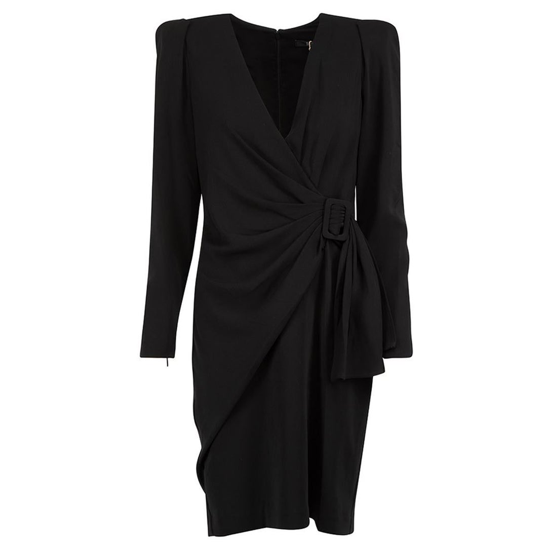 Badgley Mischka Black Gathered Wrap Buckled Dress Size M For Sale