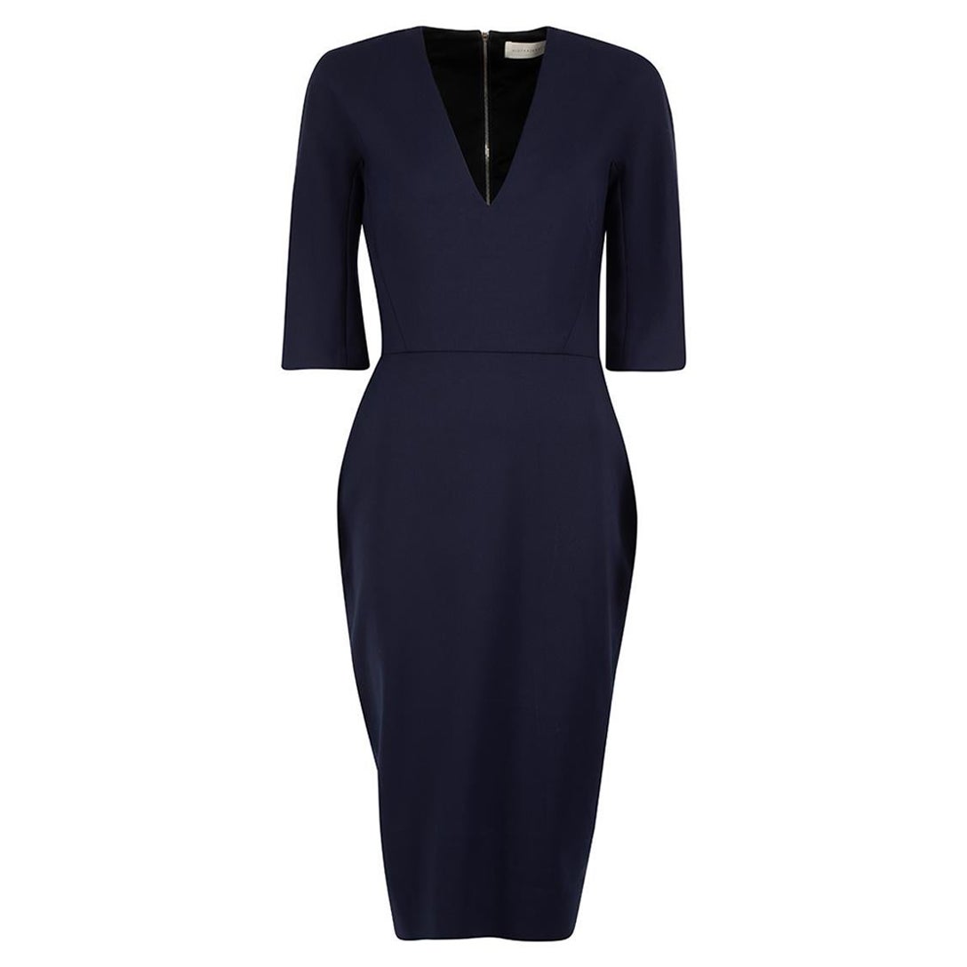 Victoria Beckham Navy Tailored V-Neck Midi Dress Size L