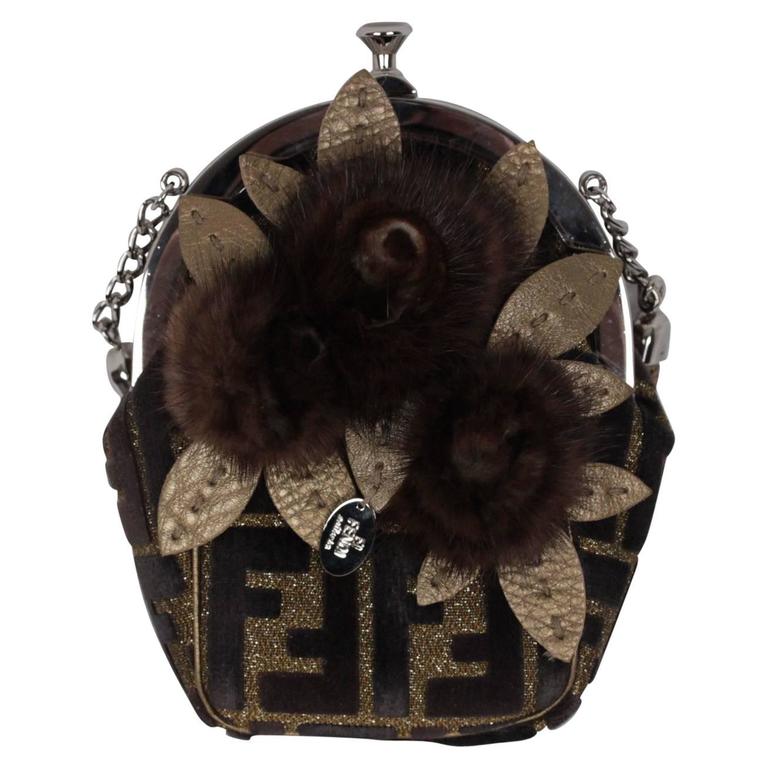 FENDI SELLERIA Velvet ZUCCA Canvas FRAMED HANDBAG w/ Mink Fur Roses For