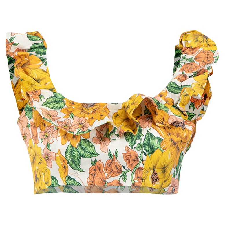 Zimmermann Yellow Floral Print Ruffle Crop Top Size S For Sale