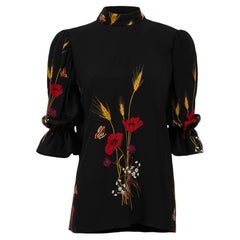Valentino Black Silk Floral Print Tie-Neck Blouse Size M