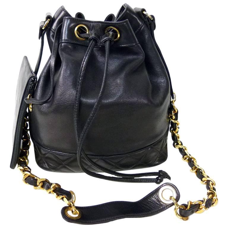 Chanel Black Lambskin Drawstring Shoulder Bag with Pouch For Sale