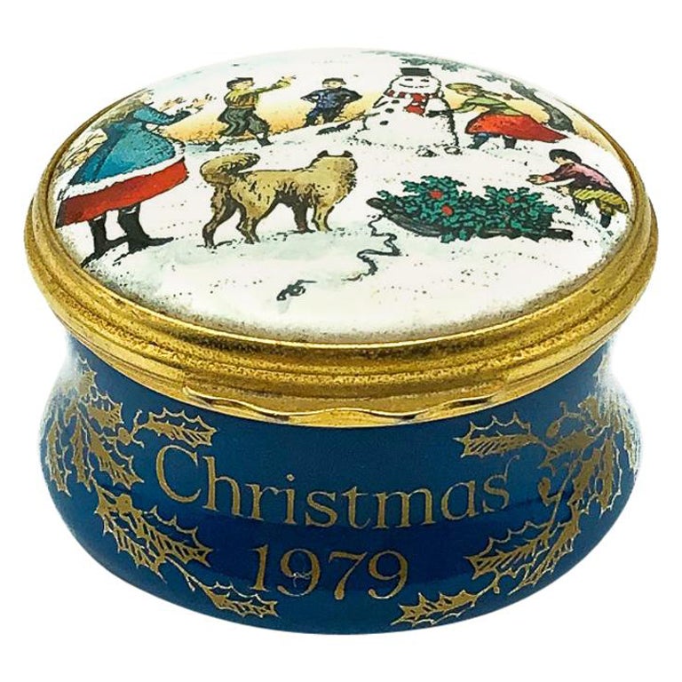 Boîte de Noël vintage Bilston & Battersea 1979 peinte en verre et émaillée en vente