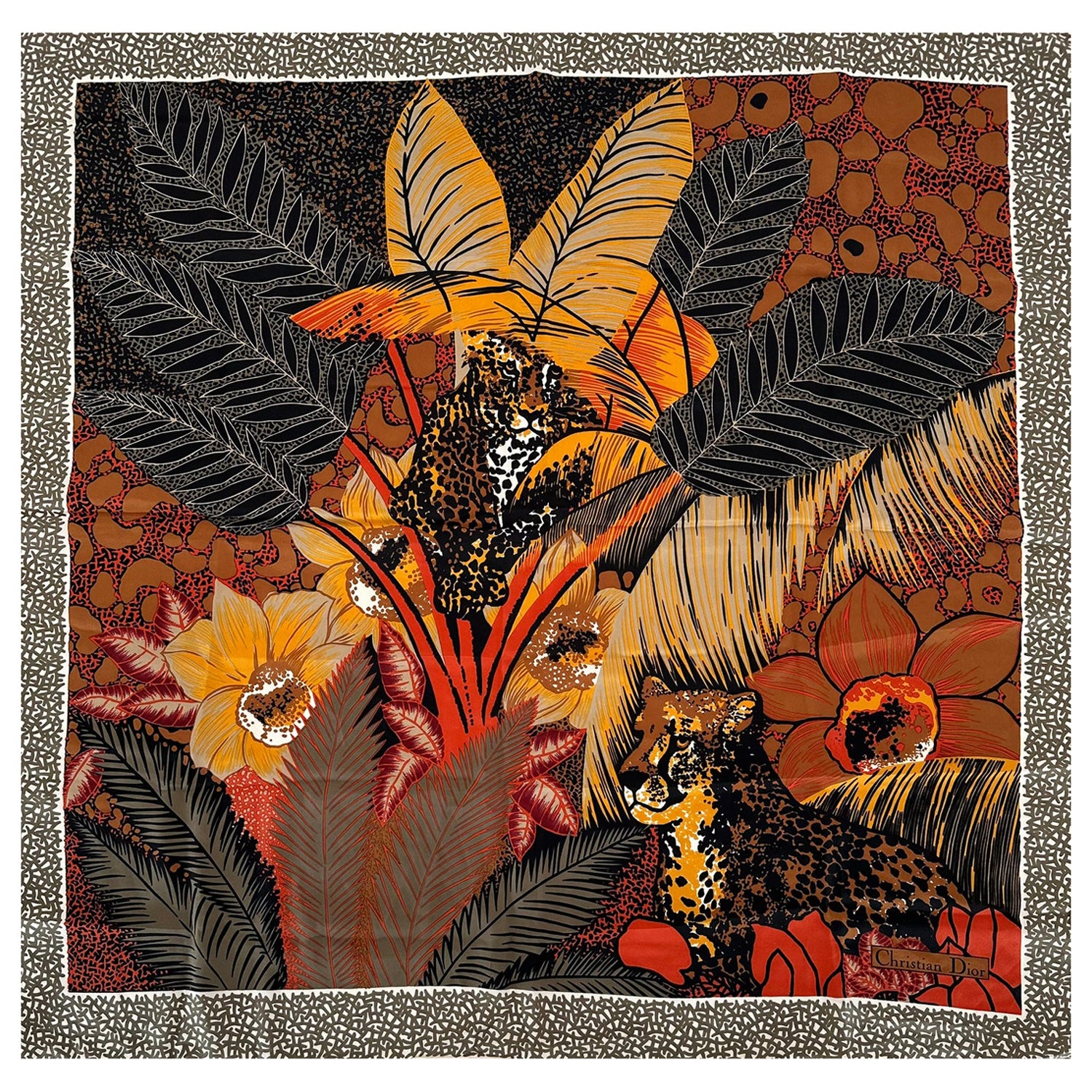 Christian Dior 1970s Silk Jungle Cat Scarf 34" x 34" For Sale