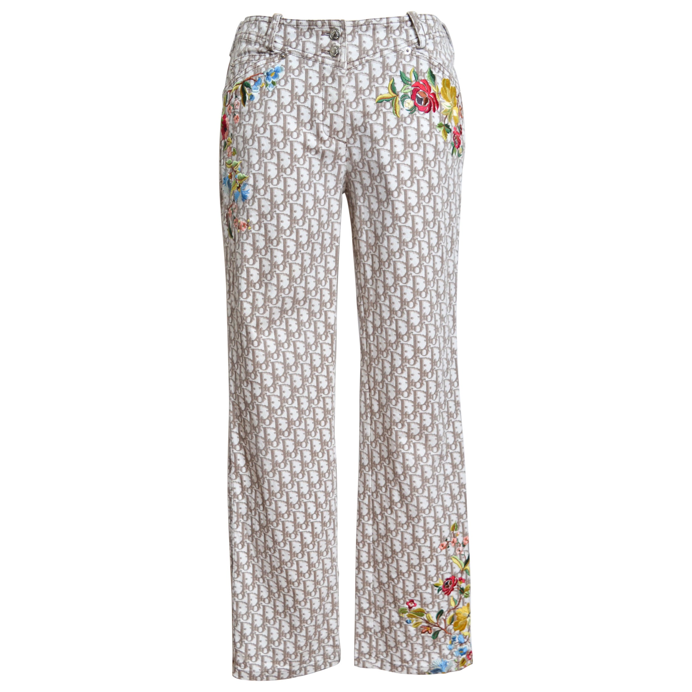 2005 Christian Dior by John Galliano embroidered Beige Trotter Pants Y2k Jeans For Sale