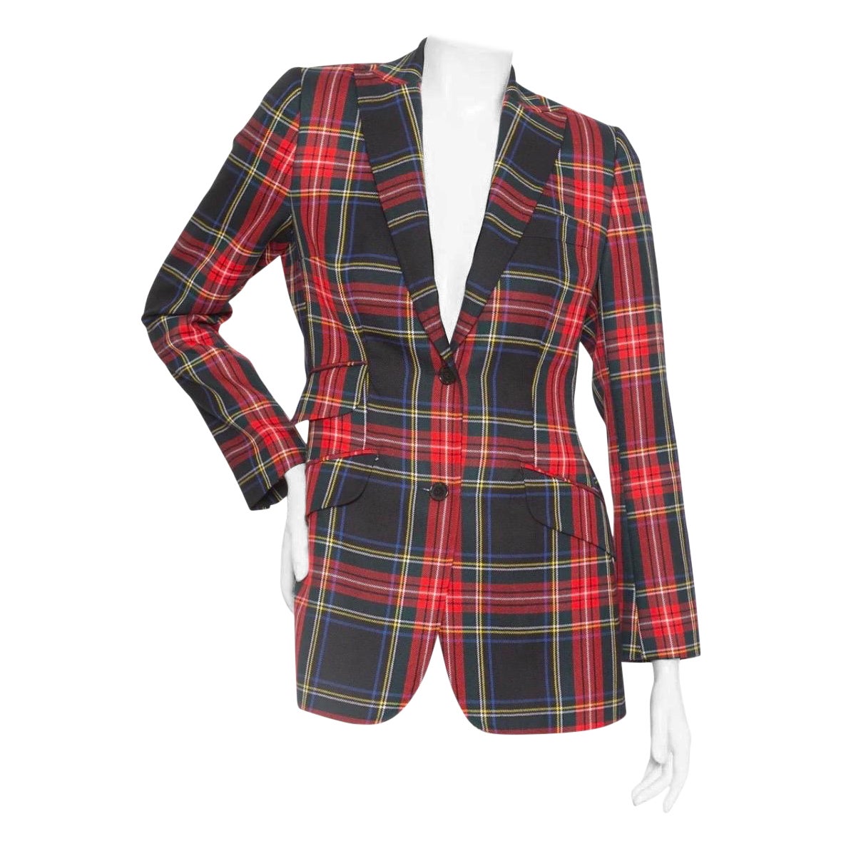 Dolce & Gabbana Red and Navy Wool-Blend Tartan Leopard Print Blazer For Sale