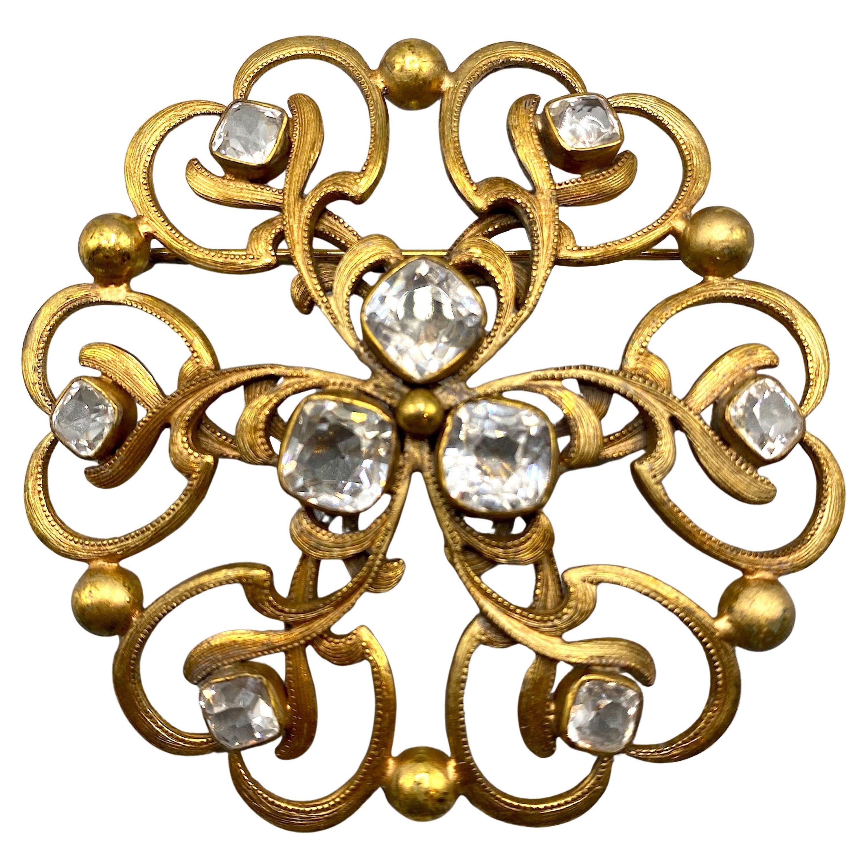 Joseff of Hollywood Russian Gold and Crystal Round Brooch For Sale
