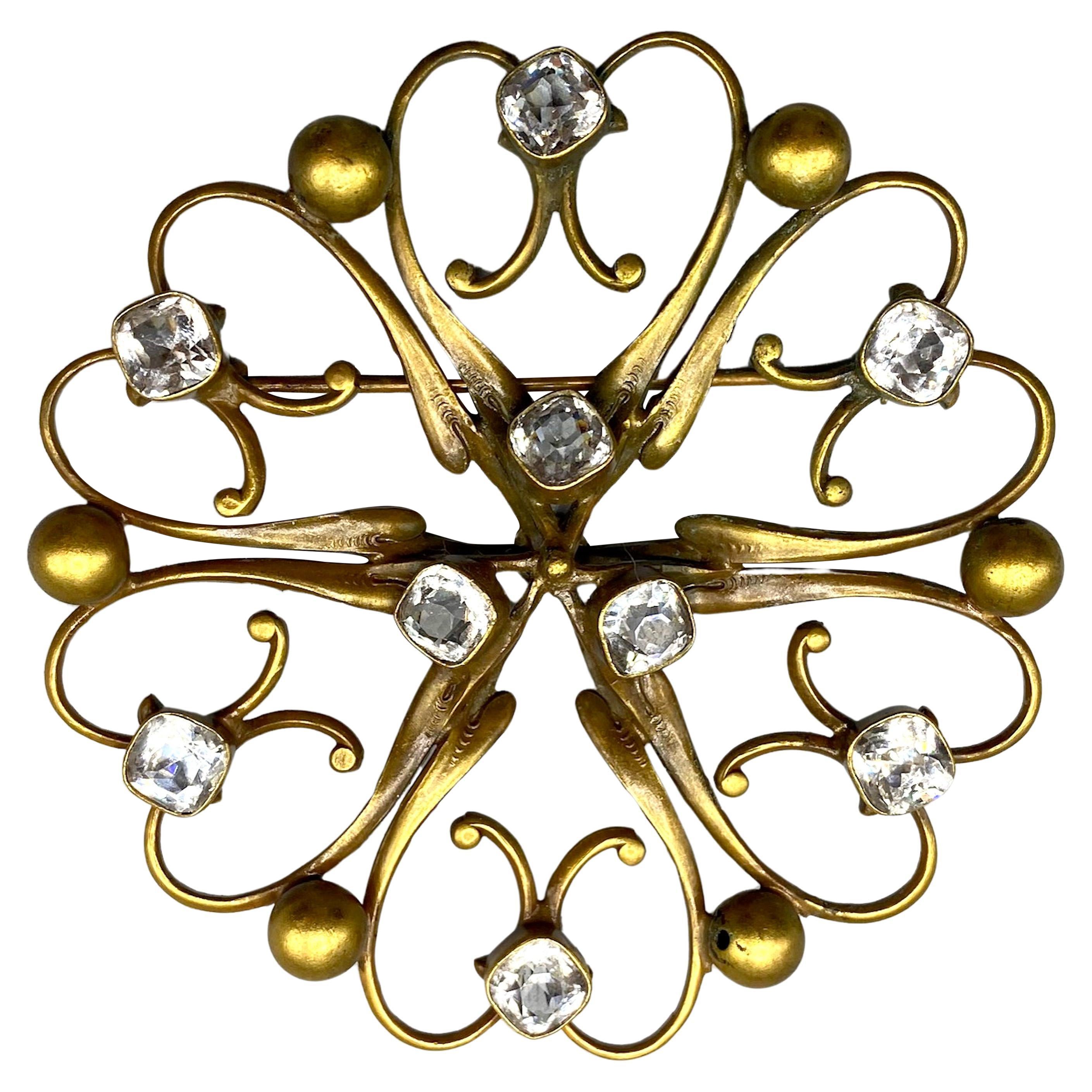 Joseff of Hollywood Russian Gold and Crystal Round Brooch For Sale
