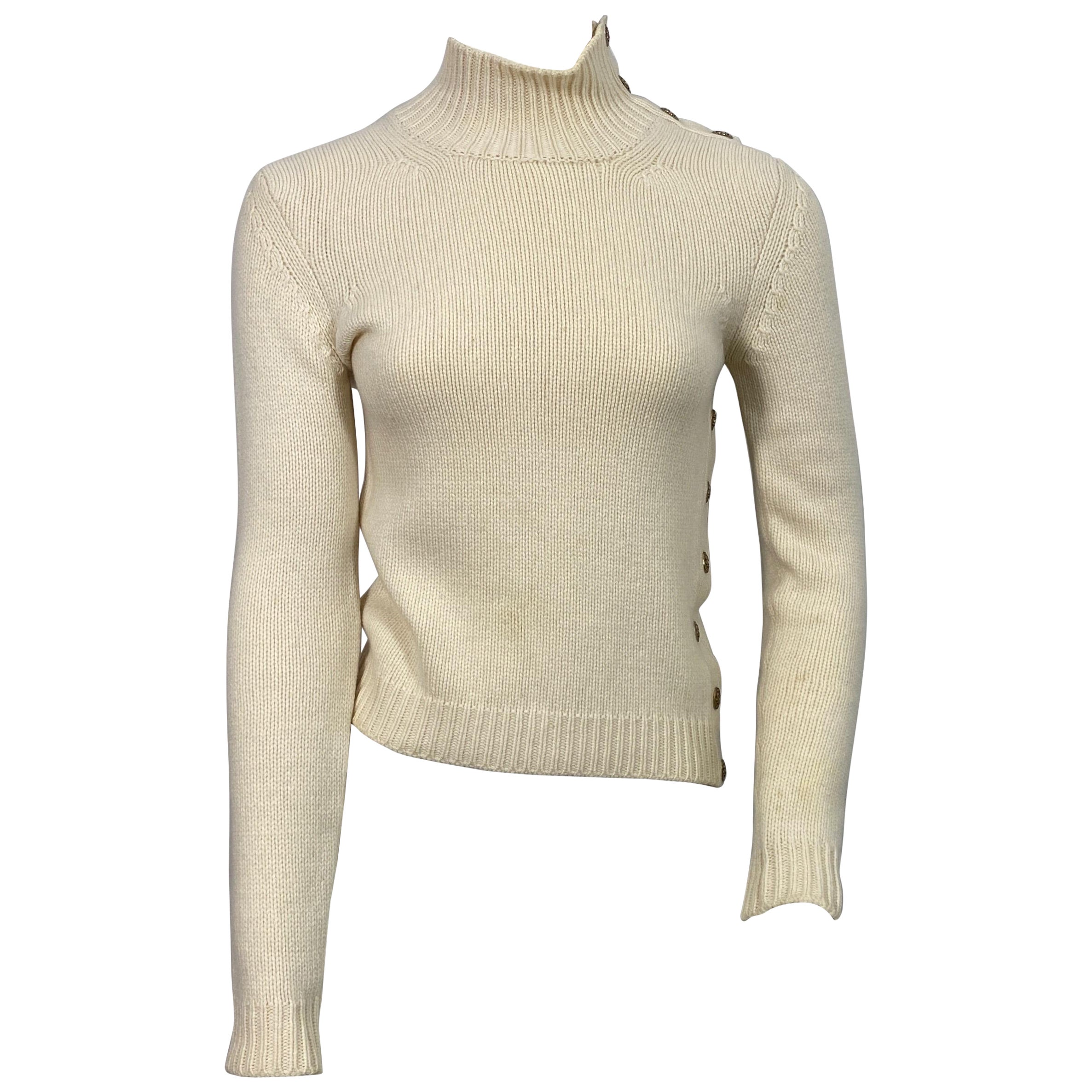Chanel 2004A ivory cashmere knit sweater with logo snaps-Size 36 For Sale