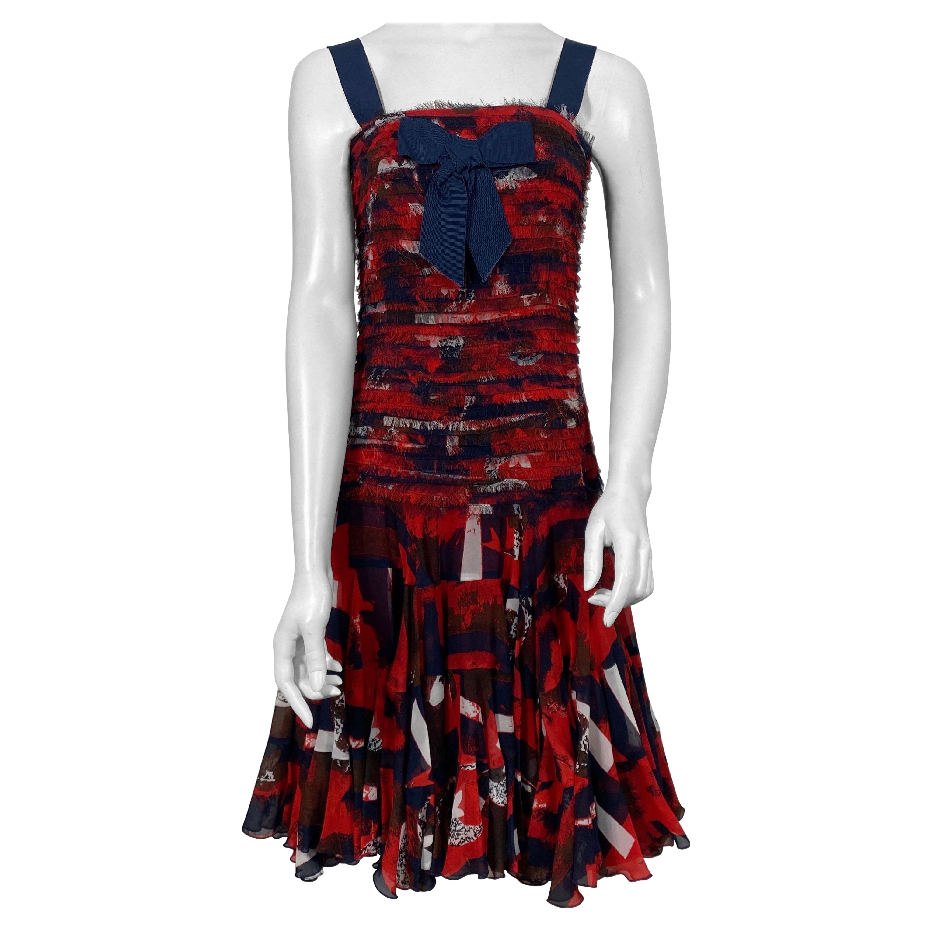 Oscar de la Renta Runway Pre Fall 2011 Red White and Blue Silk Dress- Size M For Sale