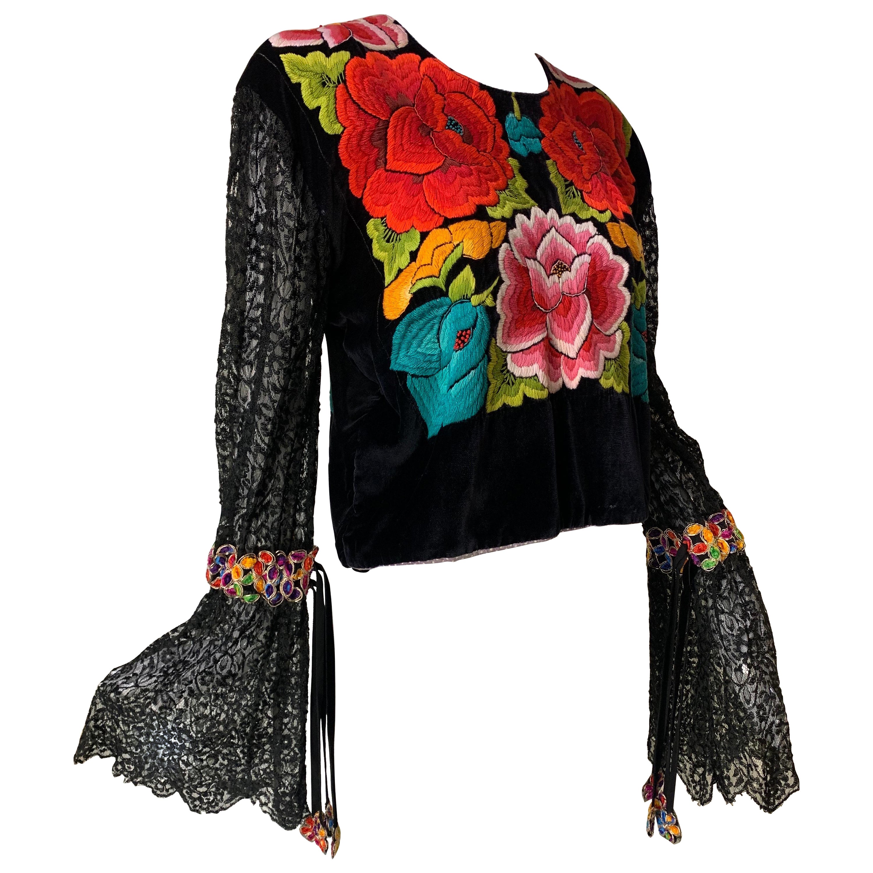 Torso Creations Boho Floral Embroidered Black Velvet Blouse w Gathered Lace Cuff For Sale