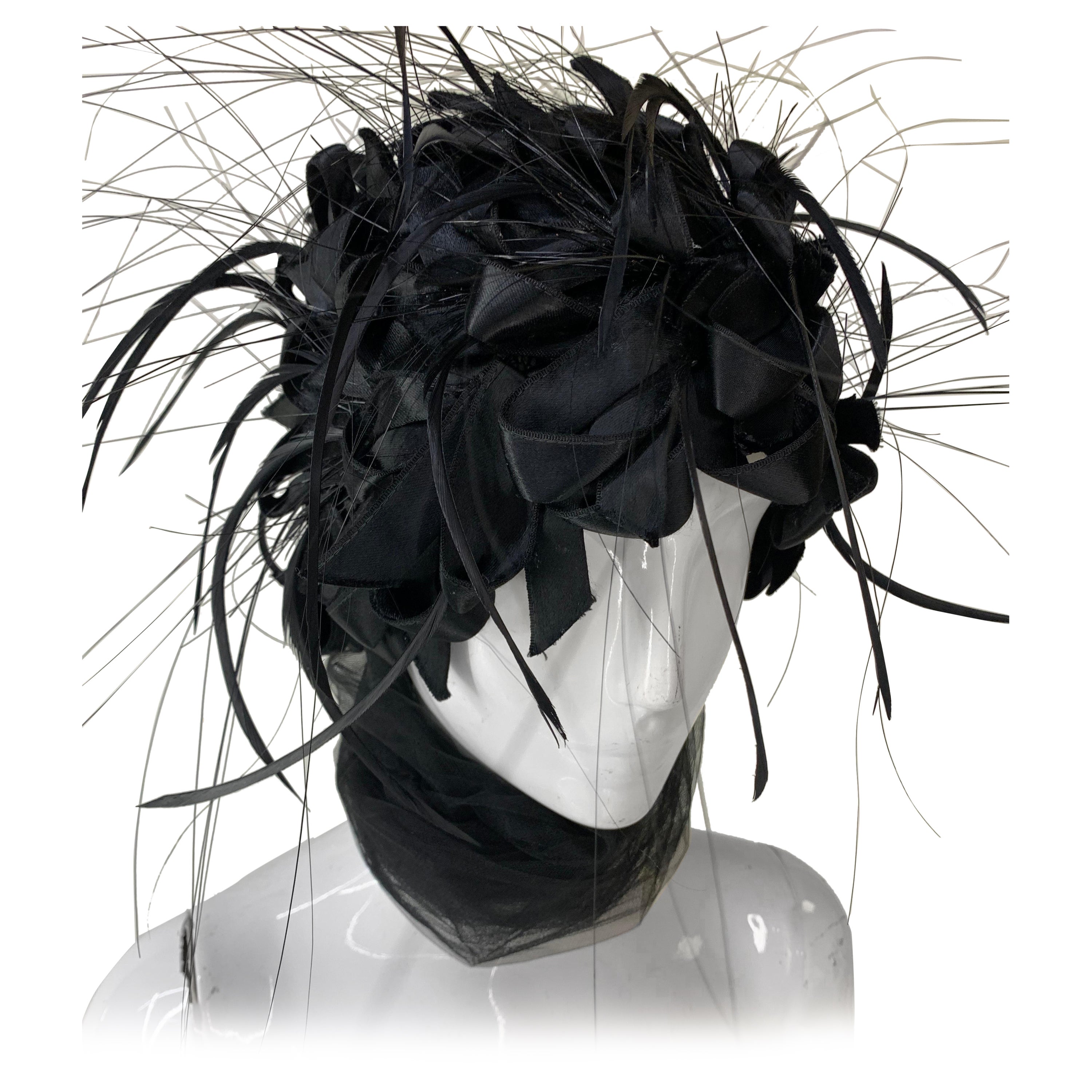 1960s Christian Dior Black Silk Ribbon and Feather Turban w Attached Tulle Scarf For Sale