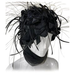 1960s Christian Dior Black Silk Ribbon and Feather Turban w Attached Tulle Scarf