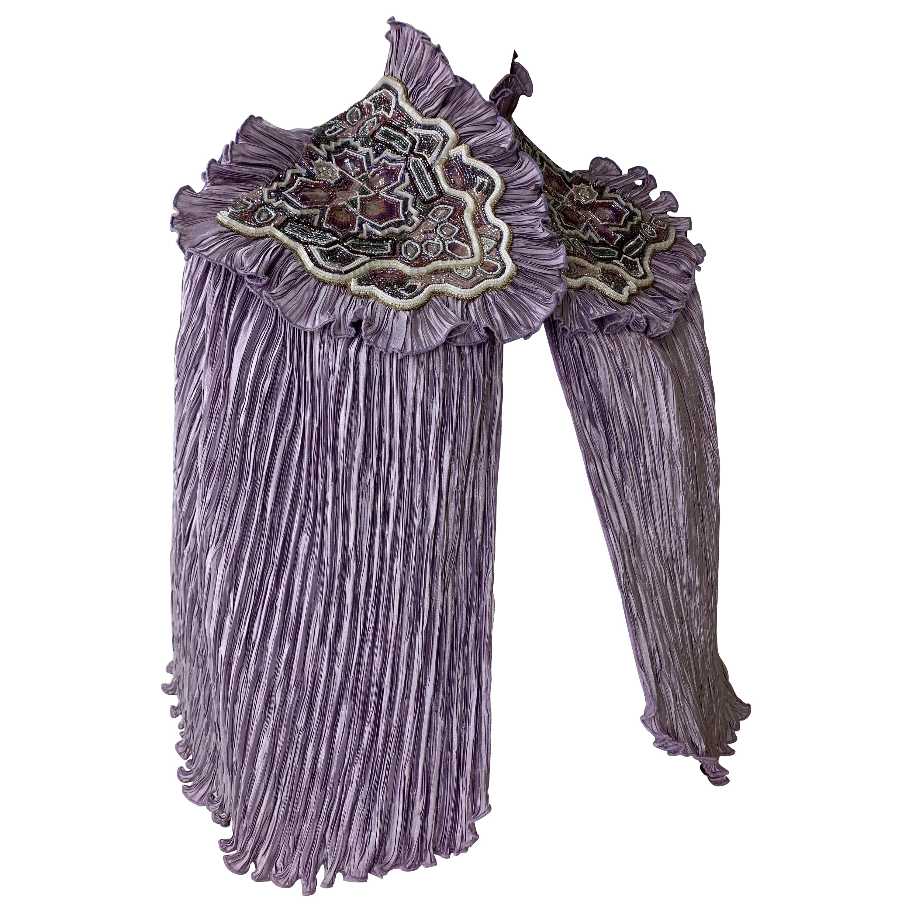 Torso Creations Lavender Pleated Silk Caplet w Heavily Beaded & Embroidered Trim For Sale