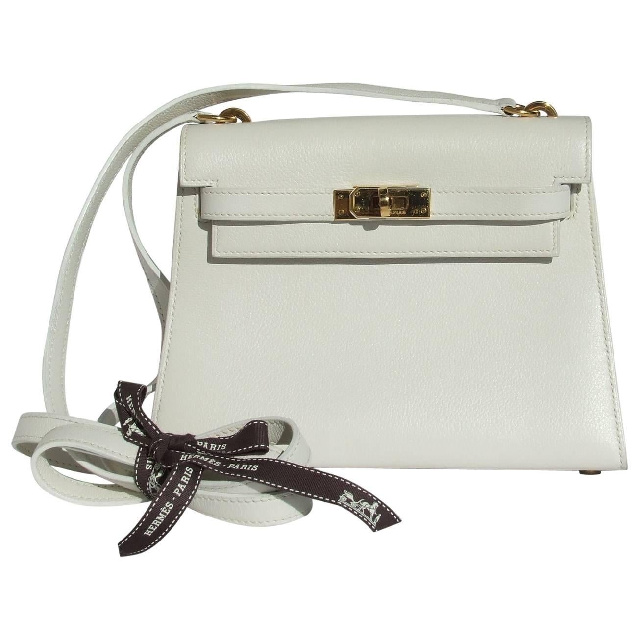 Hermès Vintage Mini Kelly Bag Sellier White Leather Gold Hdw 20 cm RARE