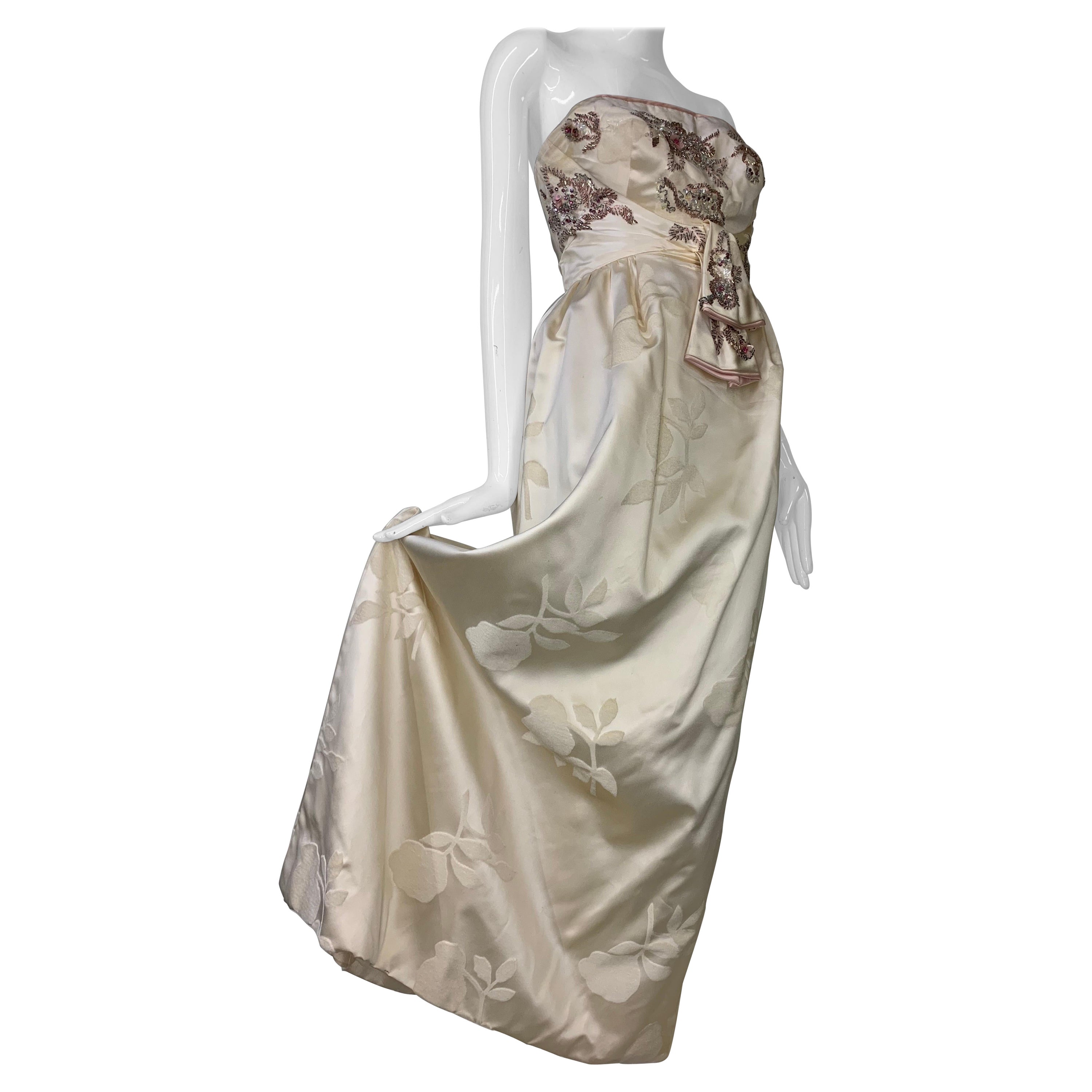 1950s Helena Barbieri Original Cream Silk Flocked Beaded Strapless Gown  For Sale
