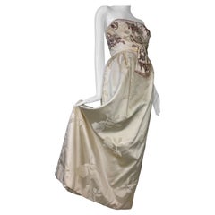 1950s Helena Barbieri Original Cream Silk Flocked Beaded Strapless Gown 