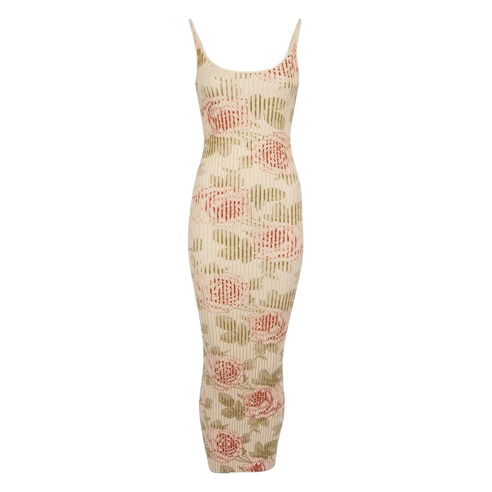 Paco Rabanne Ecru Rib Knit Rose Print Maxi Dress Size M For Sale