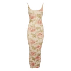 Used Paco Rabanne Ecru Rib Knit Rose Print Maxi Dress Size M