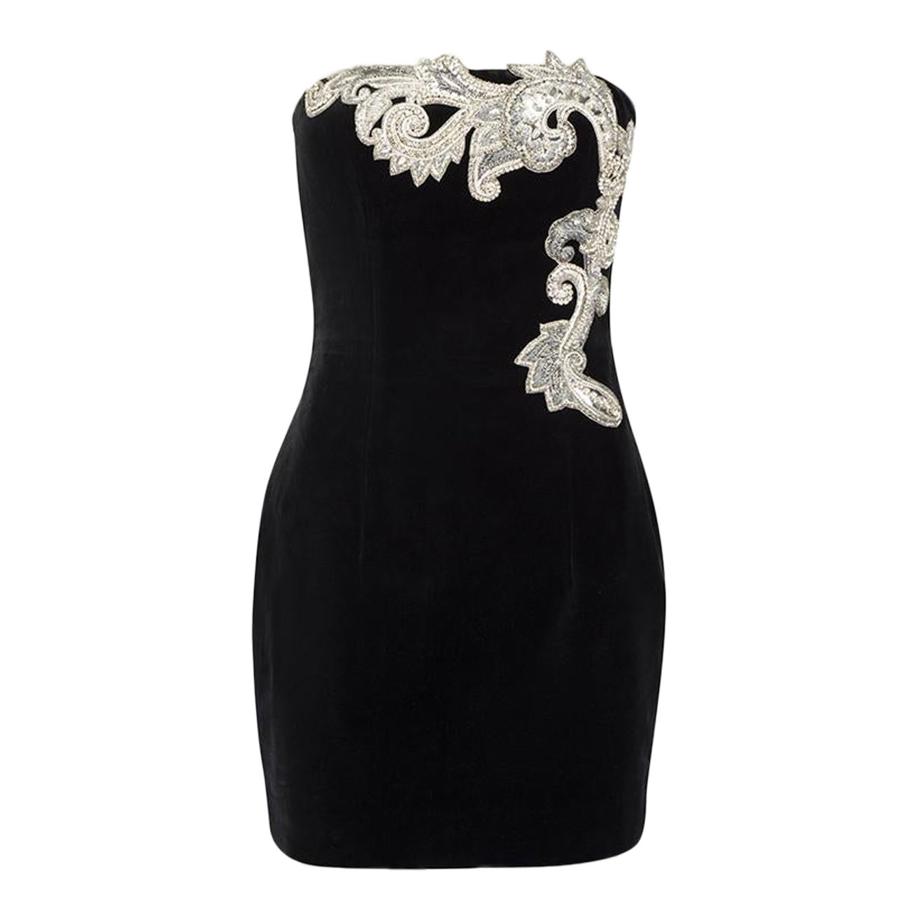 Balmain Black Velvet Embellished Strapless Dress Size S