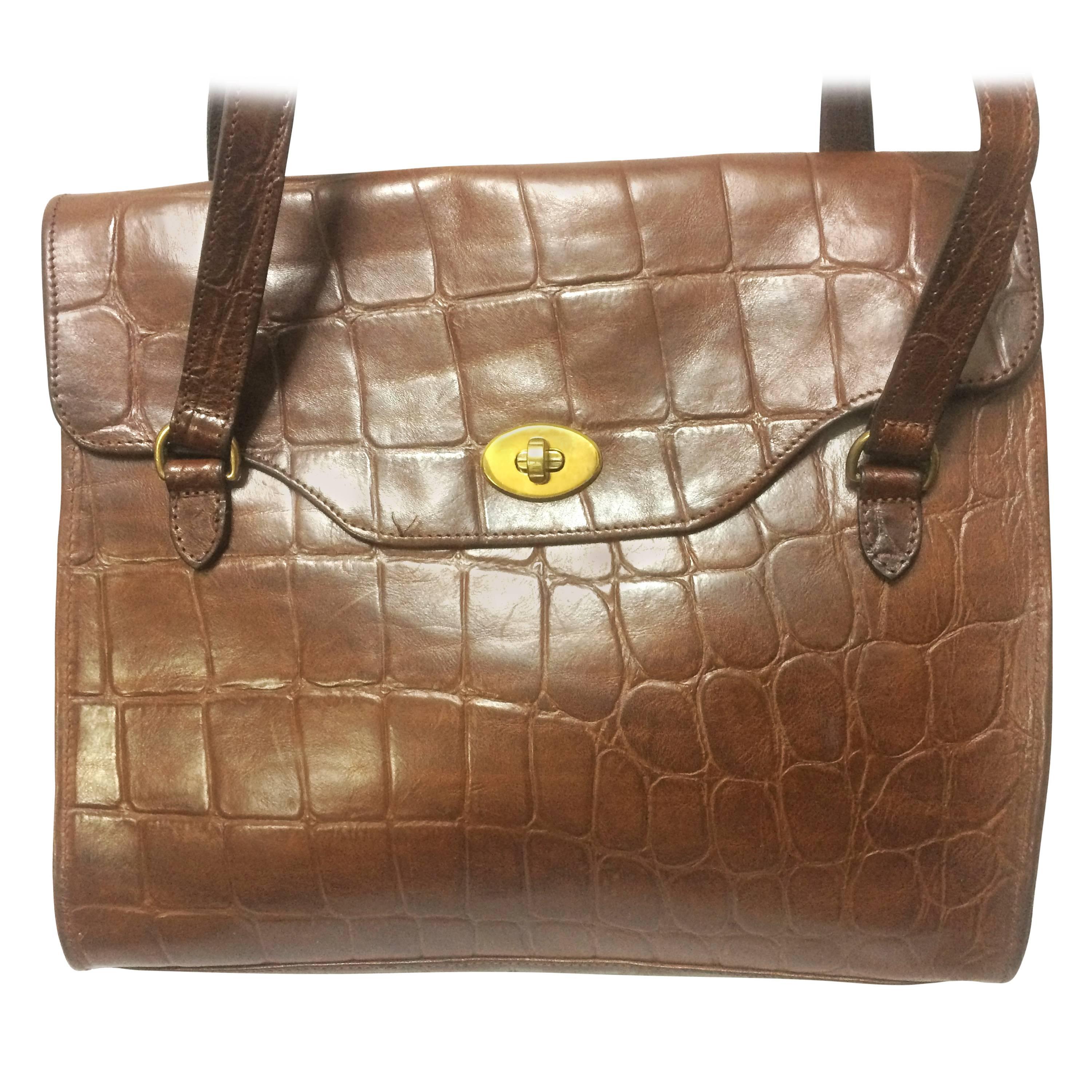 Vintage Mulberry brown croc embossed brown leather shoulder tote bag.