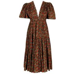 1975 Ossie Clark Novelty Autumn-Leaves Print Cotton Empire Flutter-Sleeve Dress